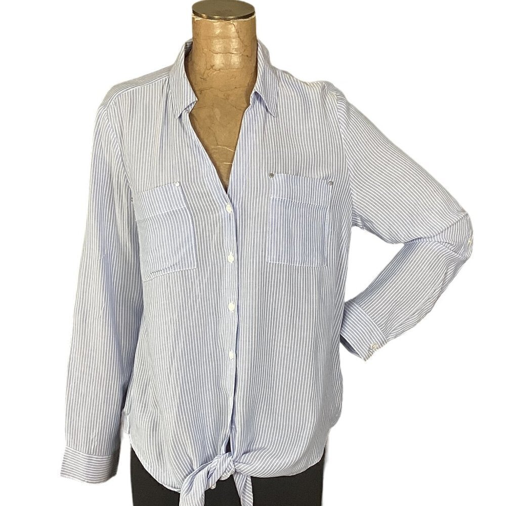 Jones New York Striped Button Down Tie Waist Shirt L Blue & White #261A